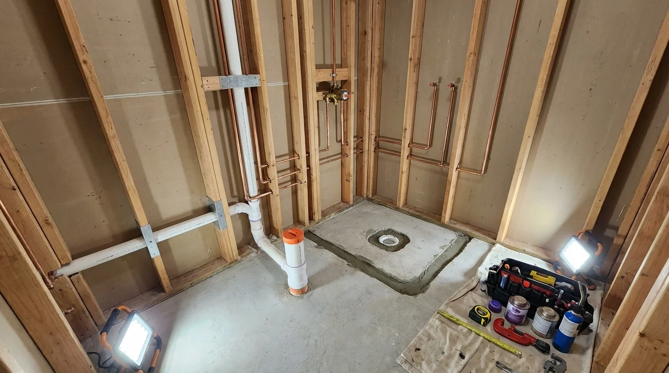 Bathroom rough-in plumbing during remodel by Johns Plumbing LLC in Leawood