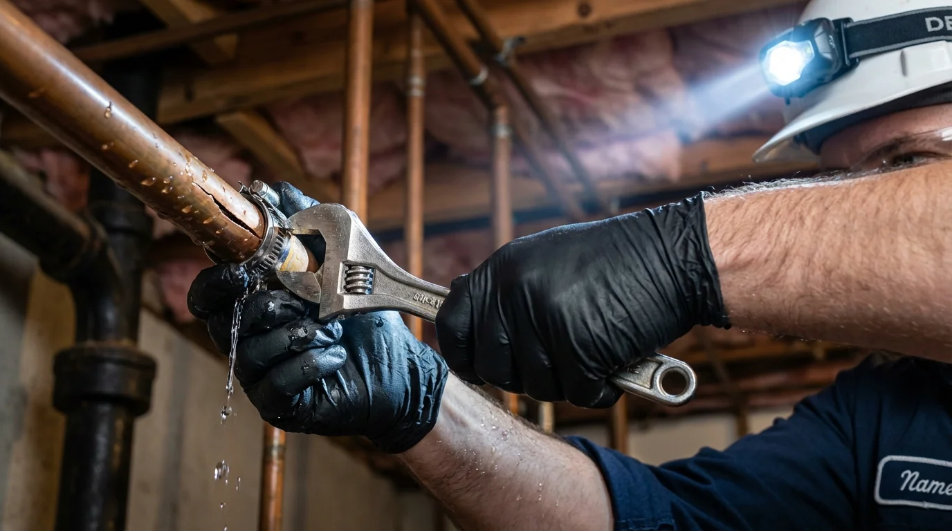 Emergency pipe clamp repair being performed by a Johns Plumbing LLC plumber in Leawood