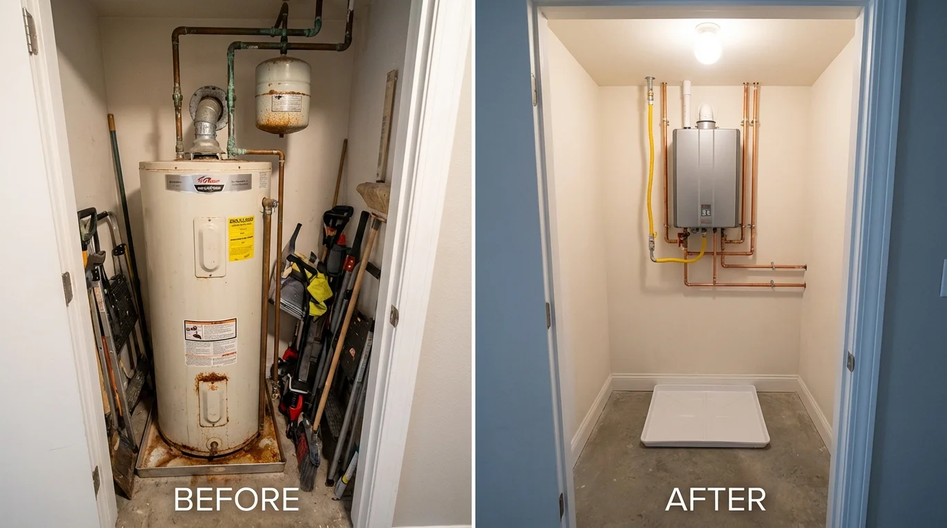 Tank water heater versus wall-mounted tankless unit comparison for Leawood, KS homeowners