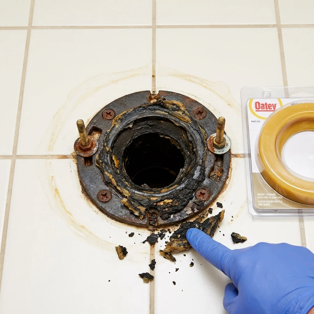 Failed wax ring showing water seepage at the base of a toilet in a Leawood, KS home