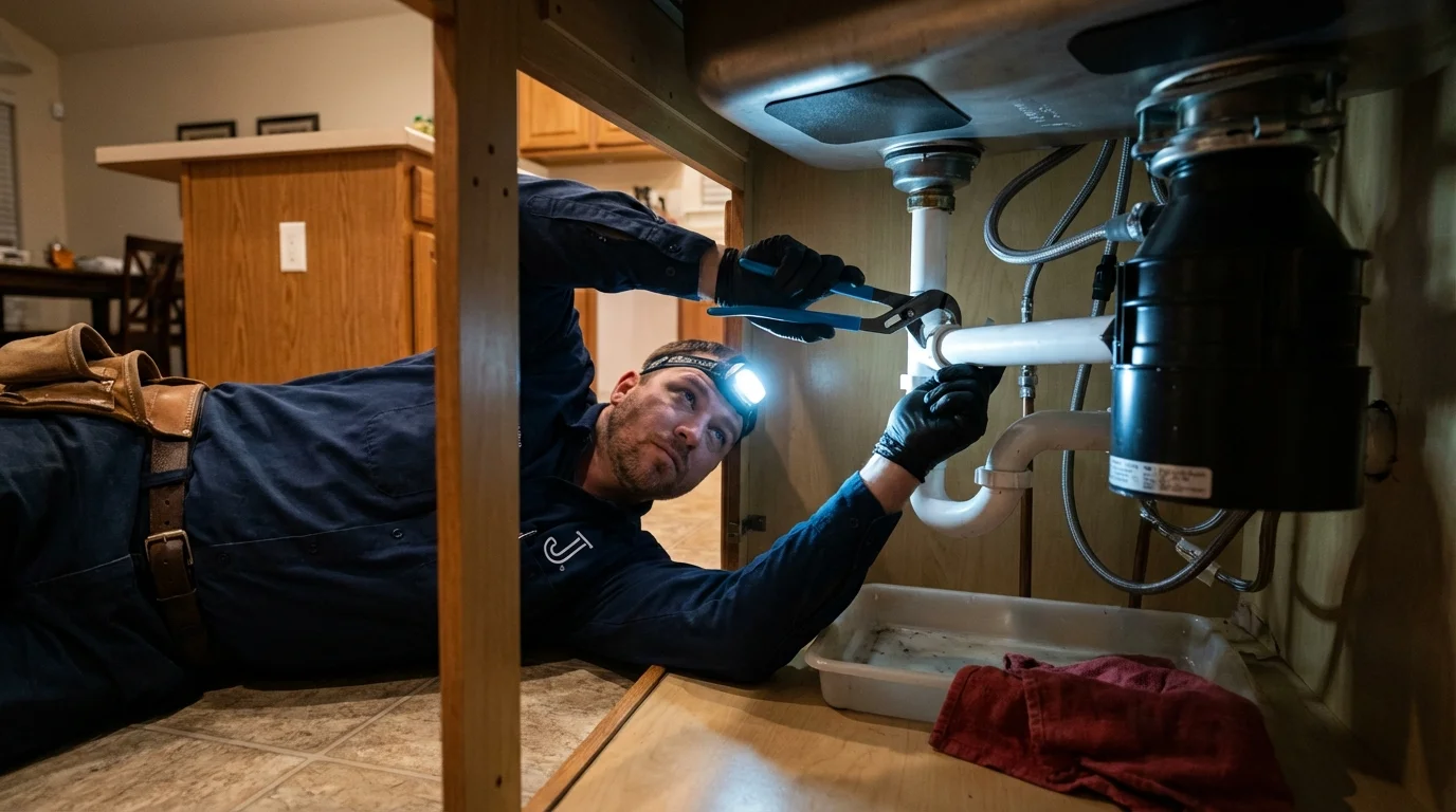 P-trap and supply line connections under a kitchen sink showing a common leak point in Leawood, KS